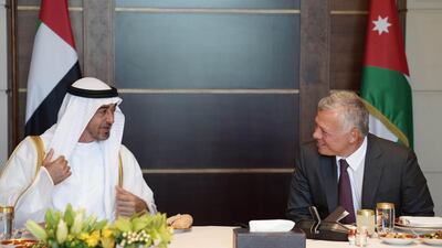 Sheikh Mohamed bin Zayed, Crown Prince of Abu Dhabi and Deputy Supreme Commander of the UAE Armed Forces attend talks with Jordan's King Abdullah II. Courtesy Royal Hashemite Court