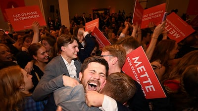 Social Democratic Party supporters celebrate victory at an election night party in Copenhagen. AFP