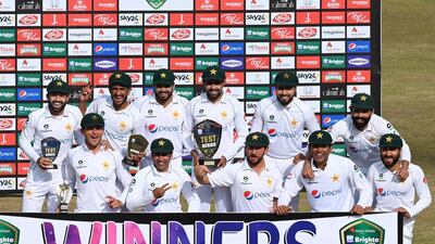 Pakistan's players after winning the Test series against South Africa during the fifth day of the second Test at the Rawalpindi Cricket Stadium. AFP