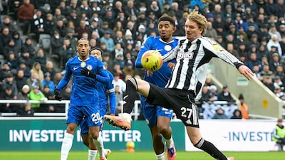 Nick Woltemade scores his second goal of the game to give Newcastle a 2-0 lead against Chelsea. EPA