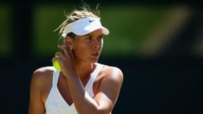 Maria Sharapova prepares to serve against Gisela Dulko in their second round match.