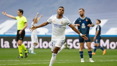 Real Madrid's Rodrygo celebrates scoring their first goal against Espanyol. Reuters
