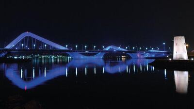 Sheikh Zayed Bridge lights up in blue colour, in solidarity with the global campaign #LightItBlue. Courtesy Abu Dhabi Government Media Office