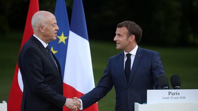 French President Emmanuel Macron with Tunisian President Kais Saied. The leaders spoke on the phone about the situation in Tunisia. Photo: AFP