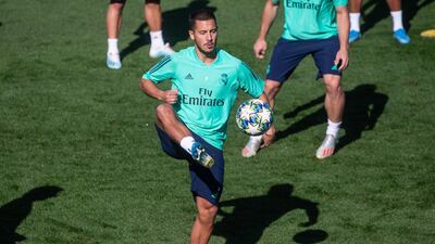 Real Madrid's Eden Hazard takes part in a training session at Valdebebas Sport City in Madrid. EPA
