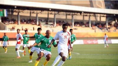 Ahmed Khalil, in white, scored the first goal in 46th minute against Bangladesh in a 3-0 victory for the UAE.