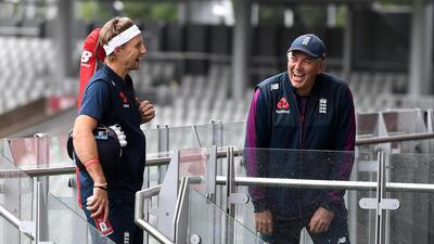 England captain Joe Root talks to coach Chris Silverwood on Wednesday. Getty