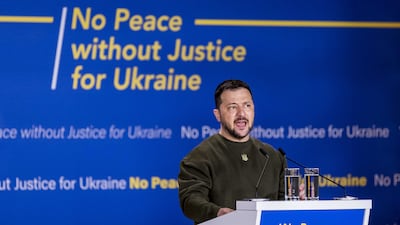 Ukrainian President Volodymyr Zelenskyy gives a speech in The Hague in the Netherlands. EPA