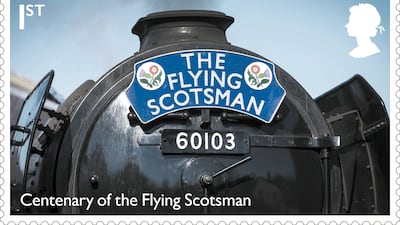 One of the Royal Mail's 12 new stamps, marking the 100th anniversary of steam locomotive the Flying Scotsman. It is the final set to feature the late Queen Elizabeth II's silhouette. All photos: PA