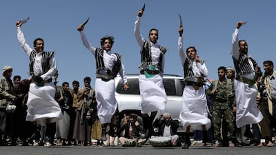 Houthi supporters perform the traditional Baraa dance during a ceremony held to collect supplies for Houthi fighters in Sanaa, Yemen September 22, 2019. Reuters