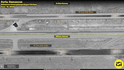 Damage to runways at Damascus International Airport on the south-eastern outskirts of Syria's capital on June 10, 2022. AFP