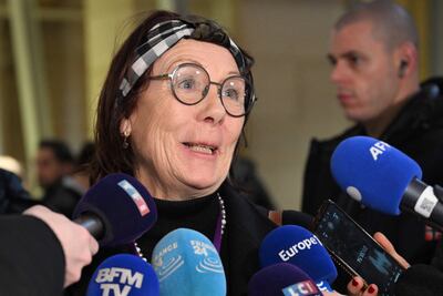 Arnaud Beltrame's mother, Nicolle Beltrame speaks to press at the opening of the trial of the Trebes-Carcassonne attacks at the Palais de Justice in Paris. AFP