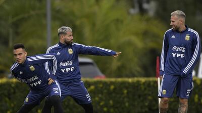 Argentina players Lautaro Martinez, Sergio Aguero and Nicolas Otamendi take part in a training session. AFP
