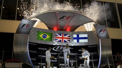 Hamilton won the race ahead of the Williams pair of Felipe Massa, in second and Valtteri Bottas. the trio celebrate on the podium. Tom Gandolfini / AFP Photo