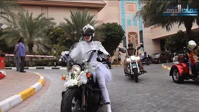 Nadia Hussain on her Harley-Davidson during celebrations for her wedding to Salem Al Muraikhi last month. Courtesy Amman Alyoum