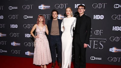 Maisie Williams, Kit Harington, Sophie Turner and Isaac Hempstead Wright at the premiere of season eight of 'Game of Thrones' in Belfast. AP