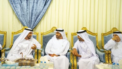 Sheikh Mohamed bin Zayed offers condolences to the family of Abdulla bin Jaber Al Khaili, in Al Ain. Mohamed Al Hammadi / Ministry of Presidential Affairs