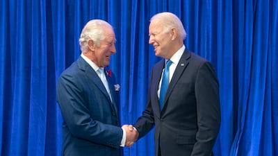 King Charles, who was Prince of Wales at the time, and President Joe Biden before a bilateral meeting during the Cop26 summit in Glasgow in 2021. AP