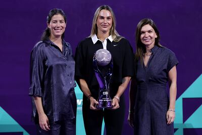 Tournament director Garbine Muguruza, current world No 1 Aryna Sabalenka and Simona Halep ahead of the 2025 WTA Finals in Riyadh. Getty Images