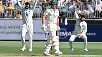 Australia's Nathan McSweeney reacts to being adjudged lbw at the Optus Stadium in Perth. AFP
