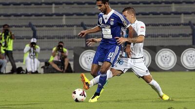 Habib Fardan, left, pictured during an Arabian Gulf League match against Baniyas in Dubai on October 26, 2013, scored twice for Al Nasr as his side finished their 2013/14 league season with a 3-0 defeat of Dubai. Jeffrey E Biteng / The National