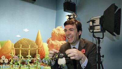 Burnham laughs on set at Aardman animation studios in Bristol in 2008 while serving as Secretary of State for Culture, Media and Sport. Getty Images