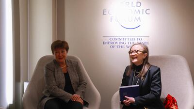 Tunisian Prime Minister Najla Bouden, right, meets the IMF Director Kristalina Georgieva at the World Economic Forum in Davos. Photo: Tunisian government / Facebook