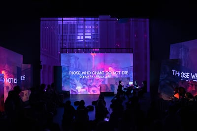 Basel Abbas and Ruanne Abou-Rahme perform May Amnesia Never Kiss Us on the Mouth at the Museum of Modern Art in New York. Photo: Julieta Cervantes