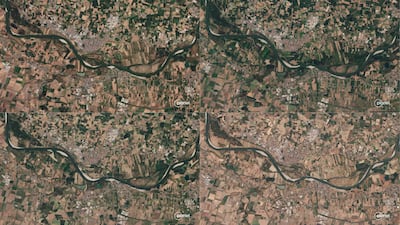 This combination of handout pictures created on August 13, 2026 shows satellite image released by Planet Labs on August 13, 2026, showing aerial views of the Po River in Boretto, northern Italy (top L) on August 8, 2023, (top R) on August 9, 2024, (bottom L) on August 9, 2025 and (bottom R) on August 8, 2026. Areas of Europe home to more than 135 million people -- particularly in France, Italy, Spain and the UK -- are set for temperatures over 35C on August 14, as the continent's latest heatwave intensifies, according to AFP calculations. Europe is the planet's fastest-warming continent and in some places is ill-equipped to deal with hot weather. Repeated heatwaves and drought have fuelled a historically hot summer of wildfires, and contributed to the deaths of thousands of people so far. AFP