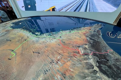 A view of UAE's national rail network and the Oman rail line in red. Pawan Singh / The National