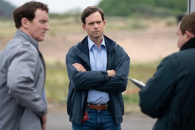 From left: Tony Curran as DCI Harry Bell, Patrick J Adams as Dick Marquise and Eddie Marsan as Tom Thurman in The Bombing of Pan Am 103. Photo: Netflix