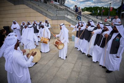 The Sharjah National Band performs outside PGE Narodowy Stadium during the opening day of the Warsaw International Book Fair. Photo: Sharjah Book Authority