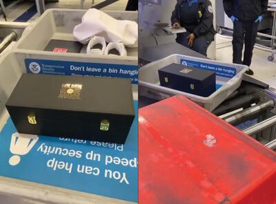 Youssef prepares to send his Golden Globe through security. Ramy Youssef / Instagram