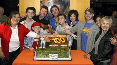 Cloris Leachman with her 'Malcom In The Middle' family, Justin Berfield, Erik Per Sullivan, Bryan Cranston, Frankie Muniz, Jane Kaczmarek, Christopher Kennedy Masterson and Emy Coligado in 2004. Getty Images
