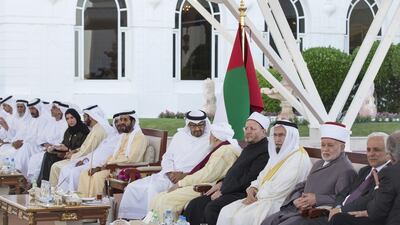 Sheikh Mohammed bin Zayed, Crown Prince of Abu Dhabi and Deputy Supreme Commander of the Armed Forces, meets with Sheikh bin Bayyah (6th R), while receiving a delegation of participants of the Forum for Promoting Peace in Muslim Societies, during a Sea Palace barza. Seen with Sheikh Tahnoon bin Mohammed, Ruler’s Representative of the Eastern Region of Abu Dhabi, Sheikh Saif bin Mohammed, Sheikh Hamdan bin Zayed, Ruler’s Representative in the Western Region of Abu Dhabi, Dr Amal Al Qubaisi, Speaker of the Federal National Council (FNC), Lt Gen Sheikh Saif bin Zayed, Deputy prime minister and Minister of Interior, and others. Ryan Carter / Crown Prince Court — Abu Dhabi