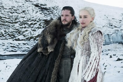 Kit Harington as Jon Snow and Emilia Clarke as Daenerys Targaryen in season 8 of Game of Thrones. HBO / OSN