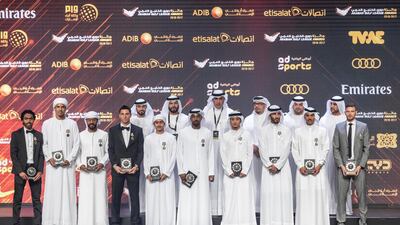 Award winners take to the stage during the Arabian Gulf league awards ceremony at Emirates Palace. Antonie Robertson / The National
