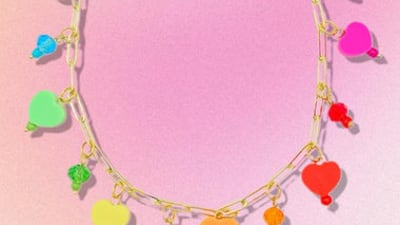 Rainbow coloured hearts and droplets make up this necklace.