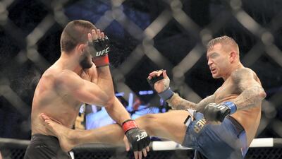Lightweight title bout between Khabib Nurmagomedov (black shorts, winner) and Dustin Poirier in the main event at UFC 242. Chris Whiteoak / The National