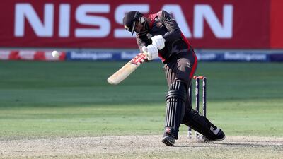 Captain Ahmed Raza top-scored for UAE in their total of 80-9 against the Netherlands in their T20 World Cup qualifier in Dubai. Pawan Singh / The National