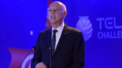 Tunisian President Kais Saied delivers a speech following the launch of Russia's Soyuz-2.1a carrier rocket from the Baikonur cosmodrome. AFP