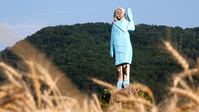 Life-size wooden sculpture of U.S. first lady Melania Trump is officially unveiled in Rozno, near her hometown of Sevnica, Slovenia. Reuters