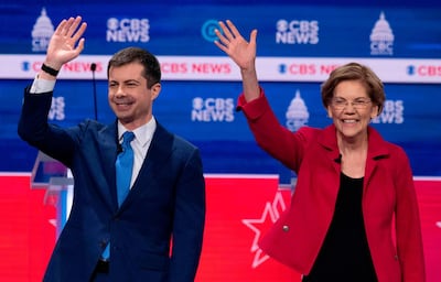 Pete Buttigieg and Elizabeth Warren, seen here at the Democratic primary debate on February 25, have now dropped out of the race to be the Democratic nominee in the 2020 US election. AFP