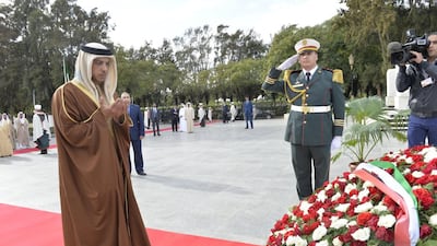 Sheikh Mansour visits Maqam Echahid – the martyrs’ memorial – accompanied by Abdul Malik Salal. Wam