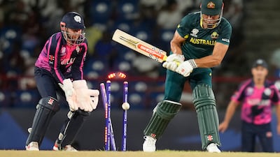 Australia's Marcus Stoinis is out bowled during the T20 World Cup match against Scotland. AP