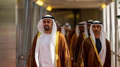 Sheikh Theyab bin Mohamed bin Zayed, Chairman of the Office of Development and Martyrs Families Affairs at the Presidential Court, left, and Sheikh Hamdan bin Mohamed bin Zayed, Deputy Chairman of the Presidential Court for Special Affairs