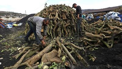 Workers prepare a charcoal kiln in the West Bank village of Yabed. Around to 10,00 Palestinians are engaged in a fully manual labour to turn wood into charcoal in a 10-day process during which the kilns have to be permanently supervised. Alaa Badarneh / EPA