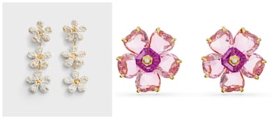 From left, raffia floral earrings at Mango and pink crystal studs at Swarovski. Photo: Mango, Swarovski