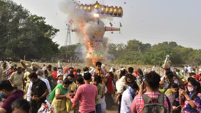In some parts of India, Dussehra is celebrated by burning effigies of demon king Ravana, who was defeated by Rama on this day according to the mythological text Ramayana. Getty Images