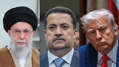 Iraq's Prime Minister Mohammed Shia Al Sudani, centre, must navigate a path between Iran's supreme leader Ayatollah Ali Khamenei, left, and US President Donald Trump. AFP; AP; Reuters